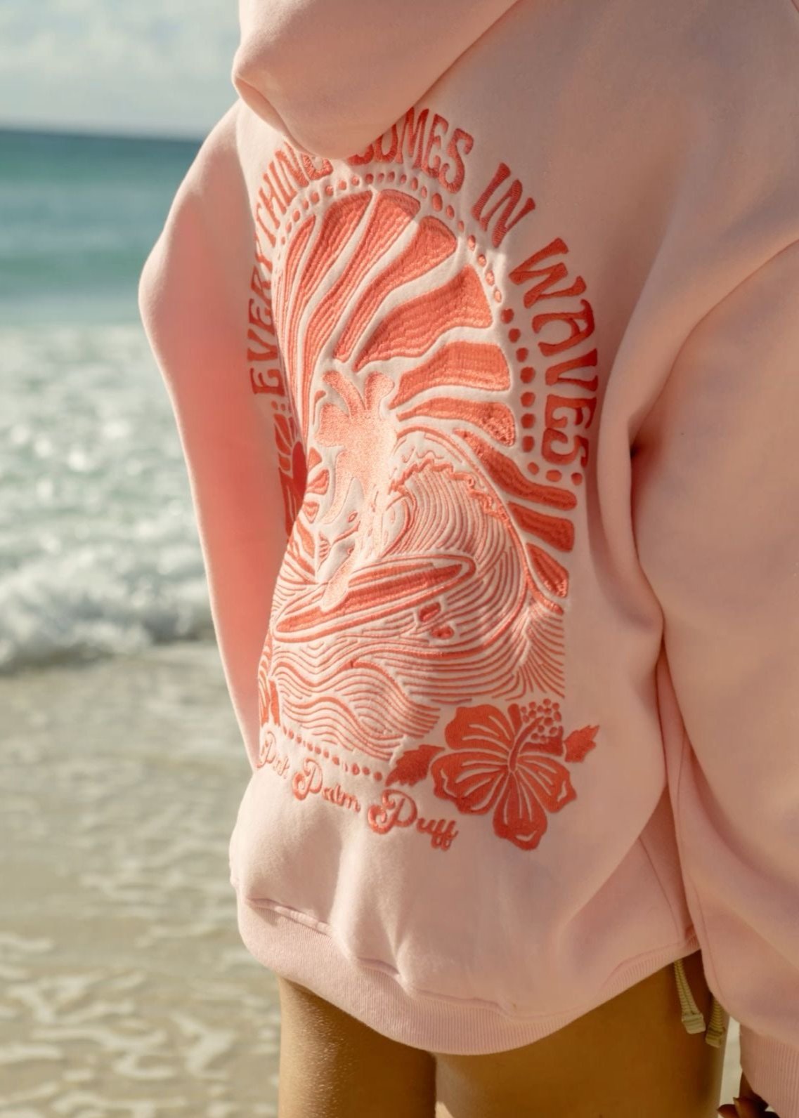 "Everything Comes in Waves" Hoodie in Pink by Pink Palm Puff