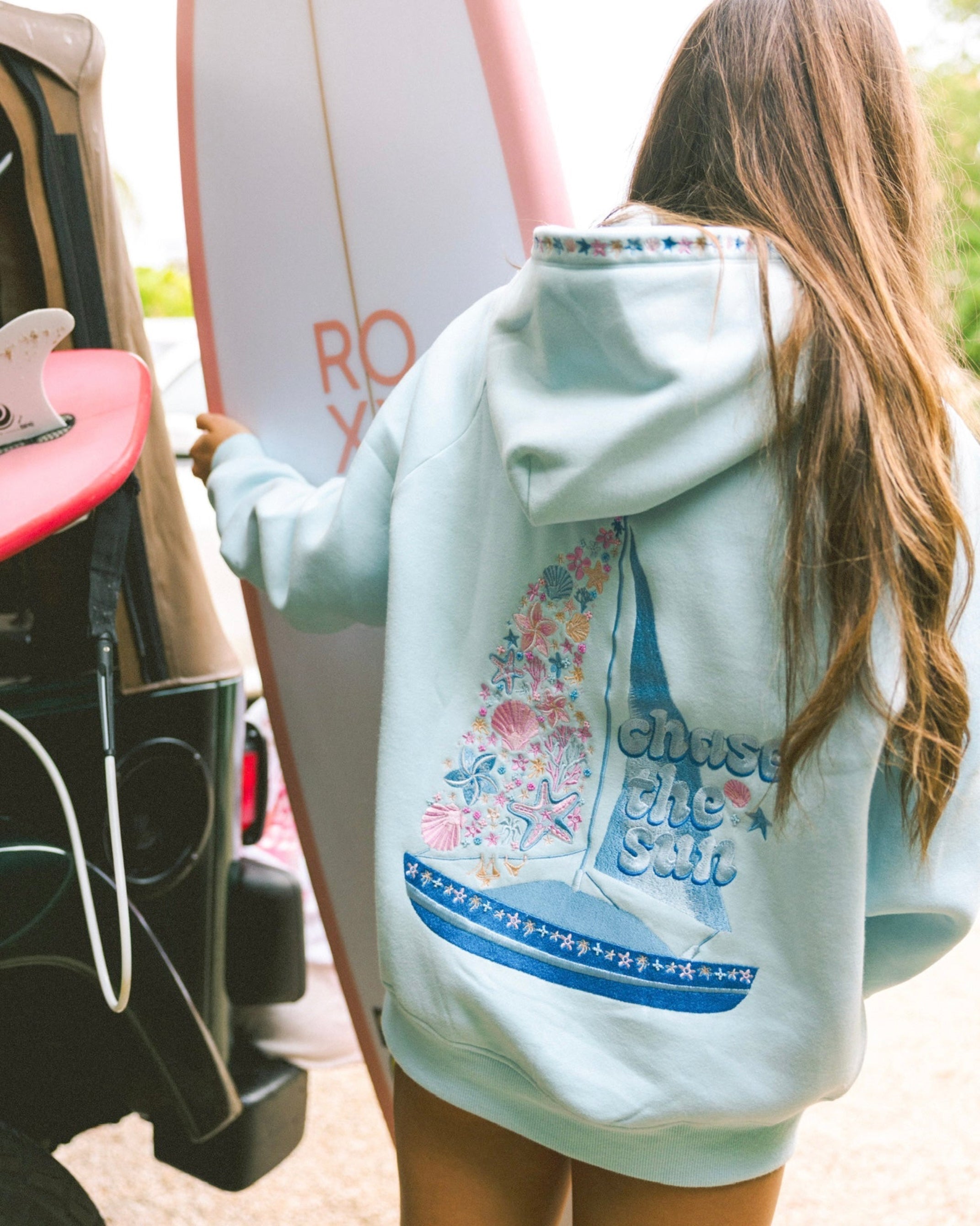 "Chase the Sun" Relaxed Hoodie, relaxed fit with an adjustable drawstring hood and pocket, in Sky Blue - coastal preppy aesthetic beach style by Pink Palm Puff
