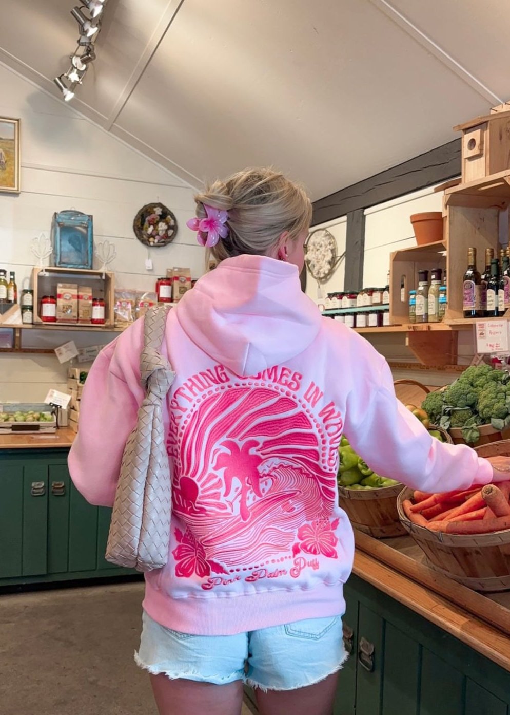 "Everything Comes in Waves" Hoodie in Pink by Pink Palm Puff