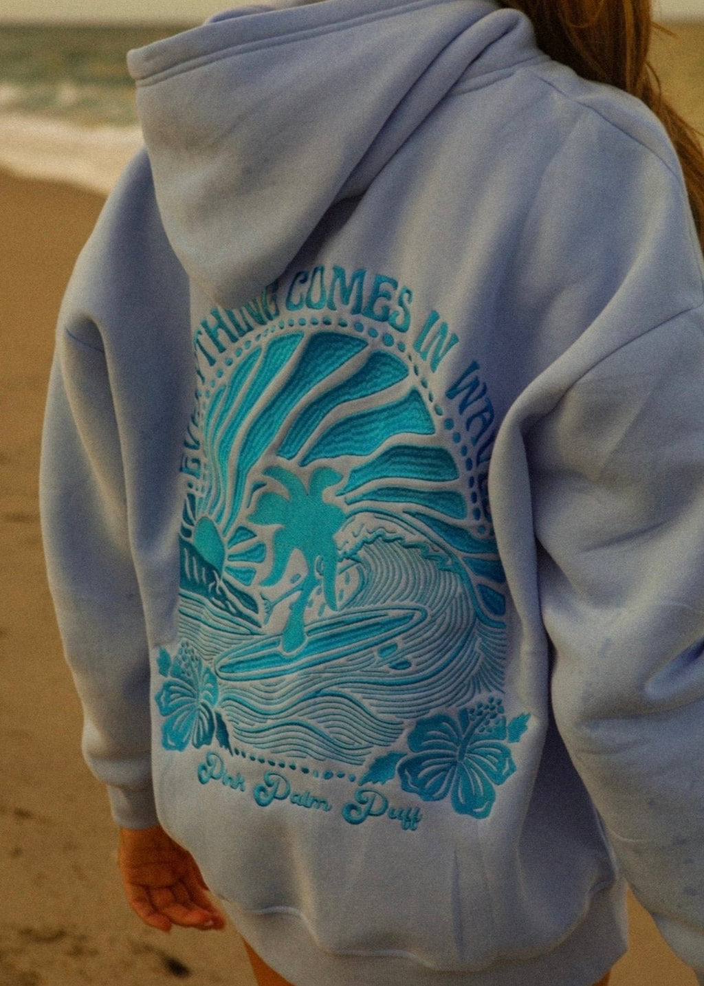 "Everything Comes in Waves" Hoodie, adjustable drawstring hood and pocket, in Blue - coastal preppy aesthetic beach style by Pink Palm Puff