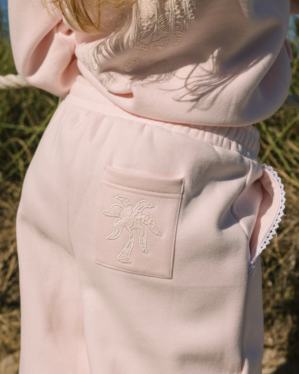 "Lacy" Wideleg Sweatpants, relaxed wide-leg fit with an elastic waistband, in Angel Pink - coastal preppy aesthetic beach style by Pink Palm Puff