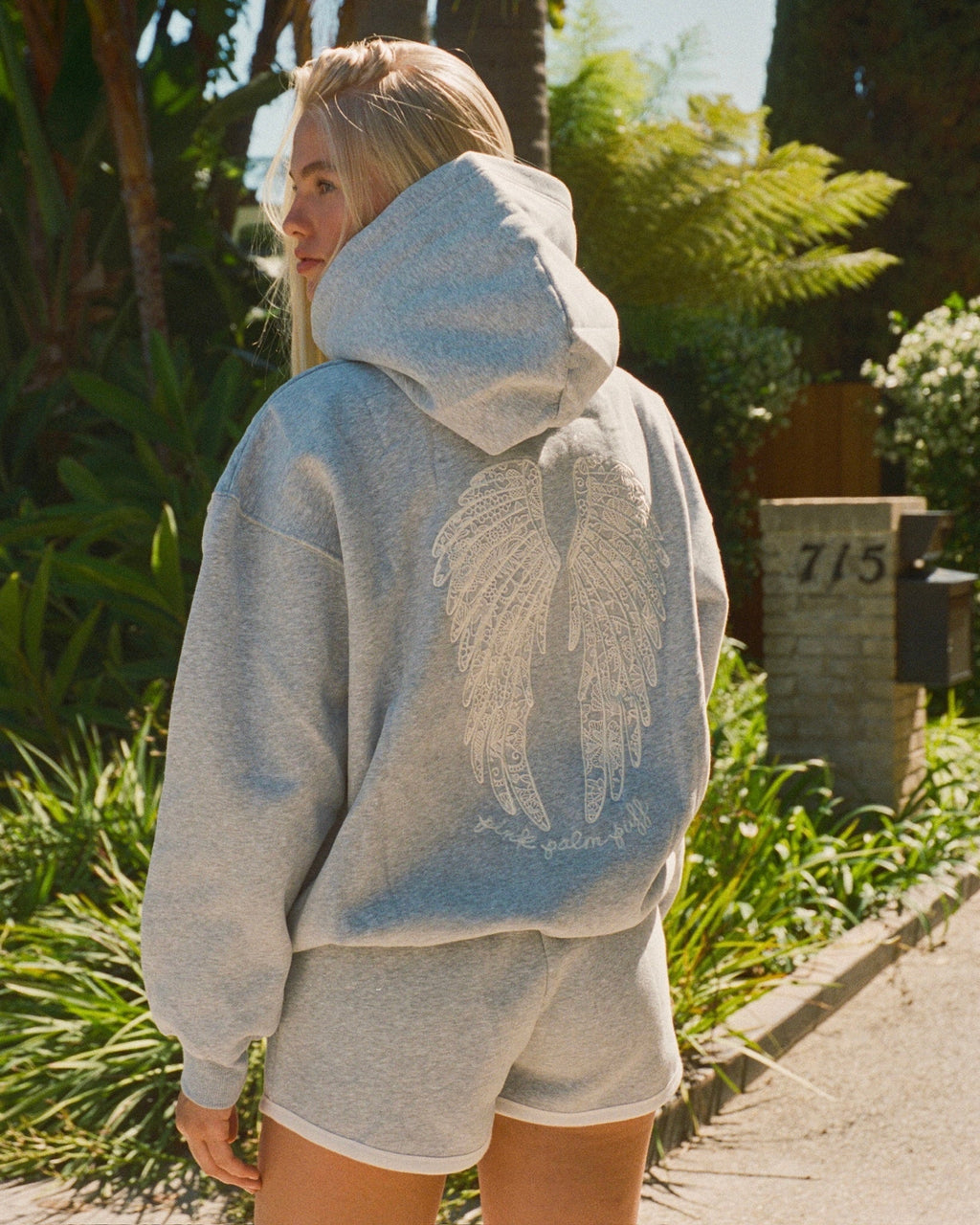 "Lacy" Hoodie, adjustable drawstring hood and pocket, in Sky Grey - coastal preppy aesthetic beach style by Pink Palm Puff