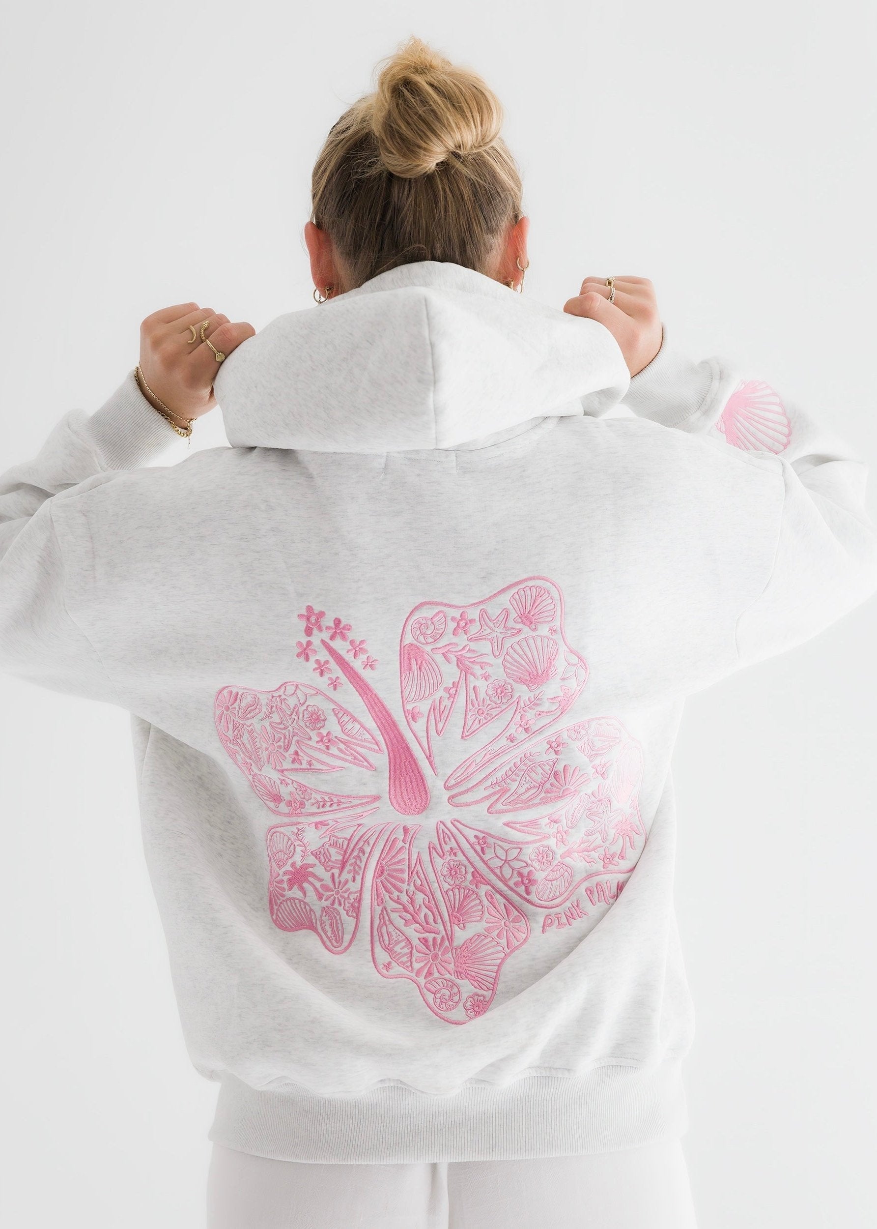 "Hawaii Hibiscus" Hoodie, adjustable drawstring hood and pocket, in Heather Cloud - coastal preppy aesthetic beach style by Pink Palm Puff